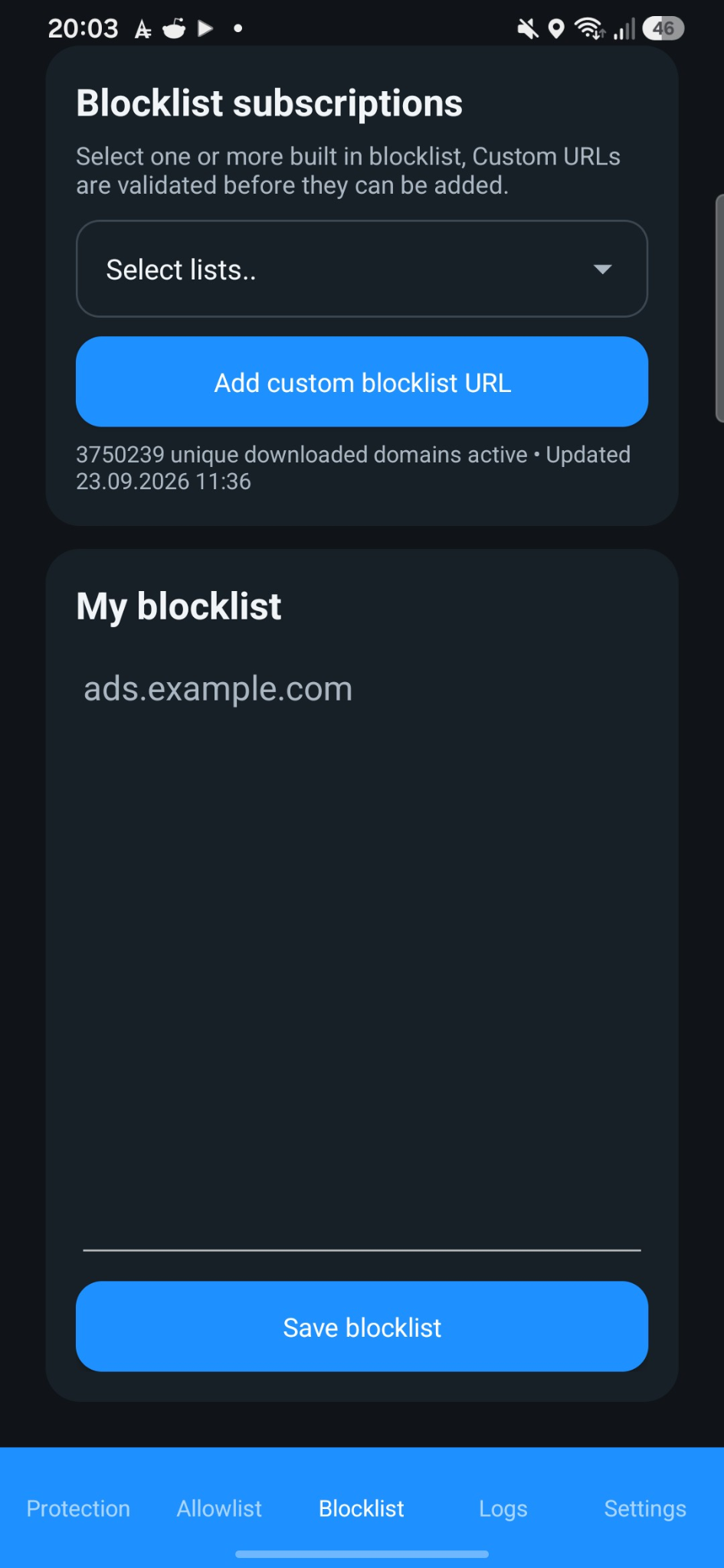 Adbloq blocklist screen with subscriptions and custom blocklist controls