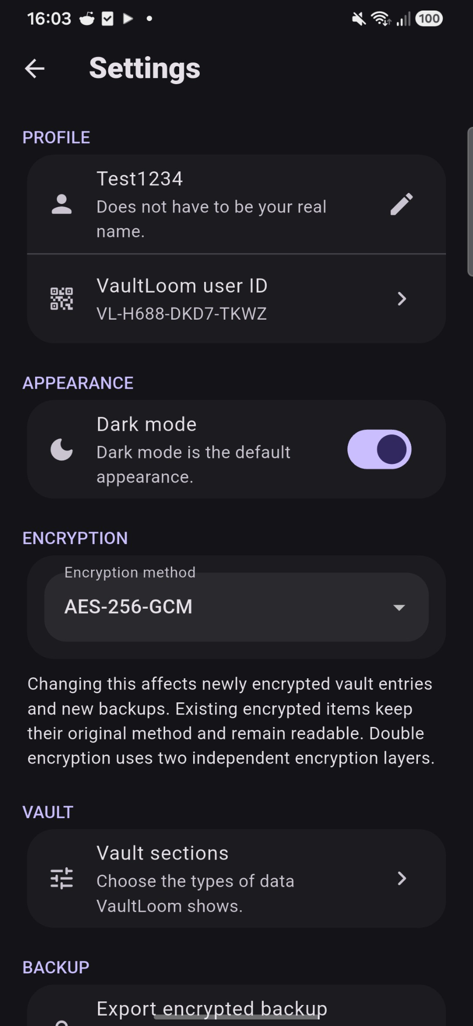 VaultLoom settings screen with appearance and encryption controls
